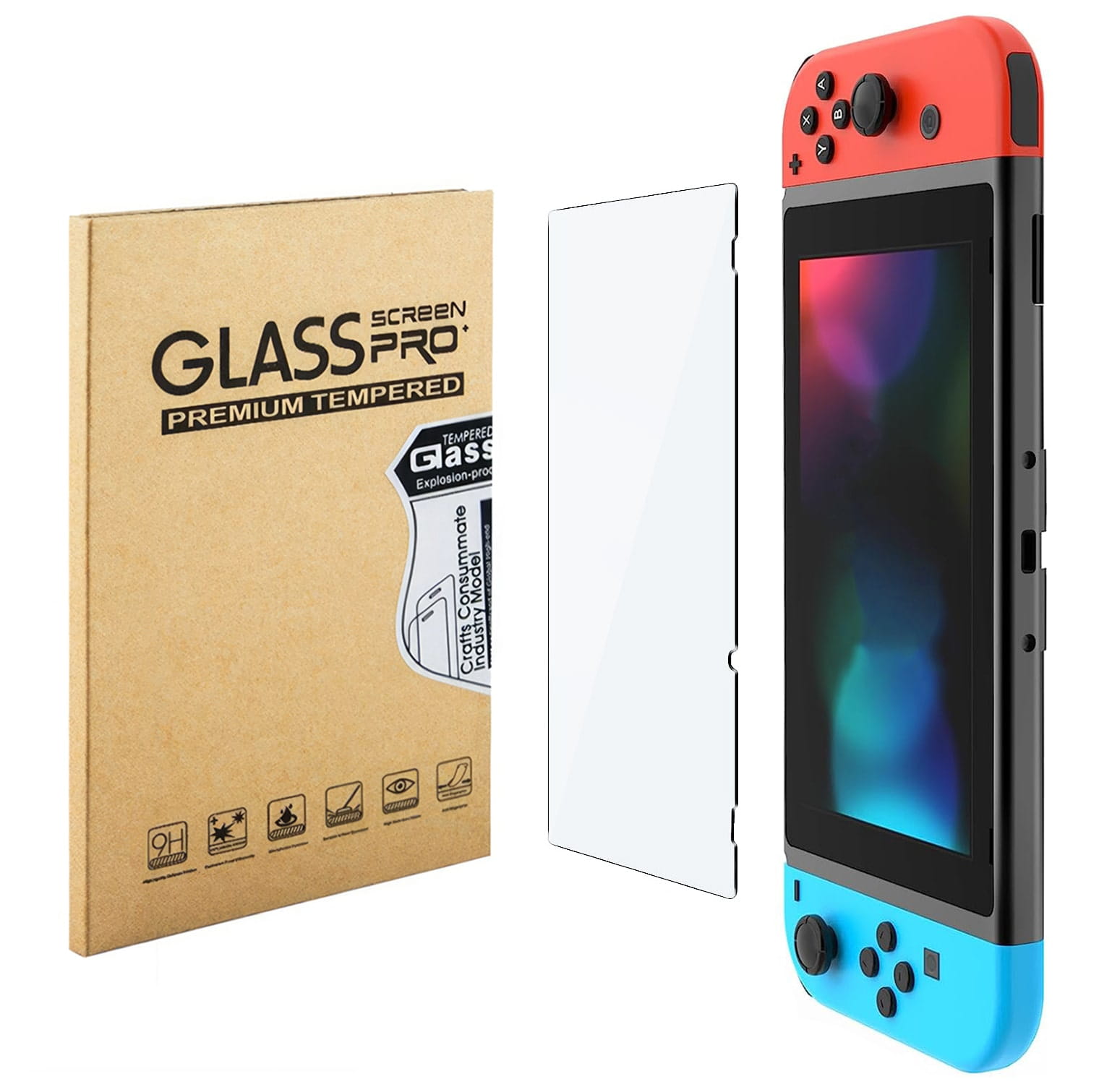 Szkło hartowane, gumowe etui, stacja do ładowania Joy-Con i nakładki na gałki analogowe do Nintendo Switch OLED rozłożone na biurku w pracowni elektronicznej