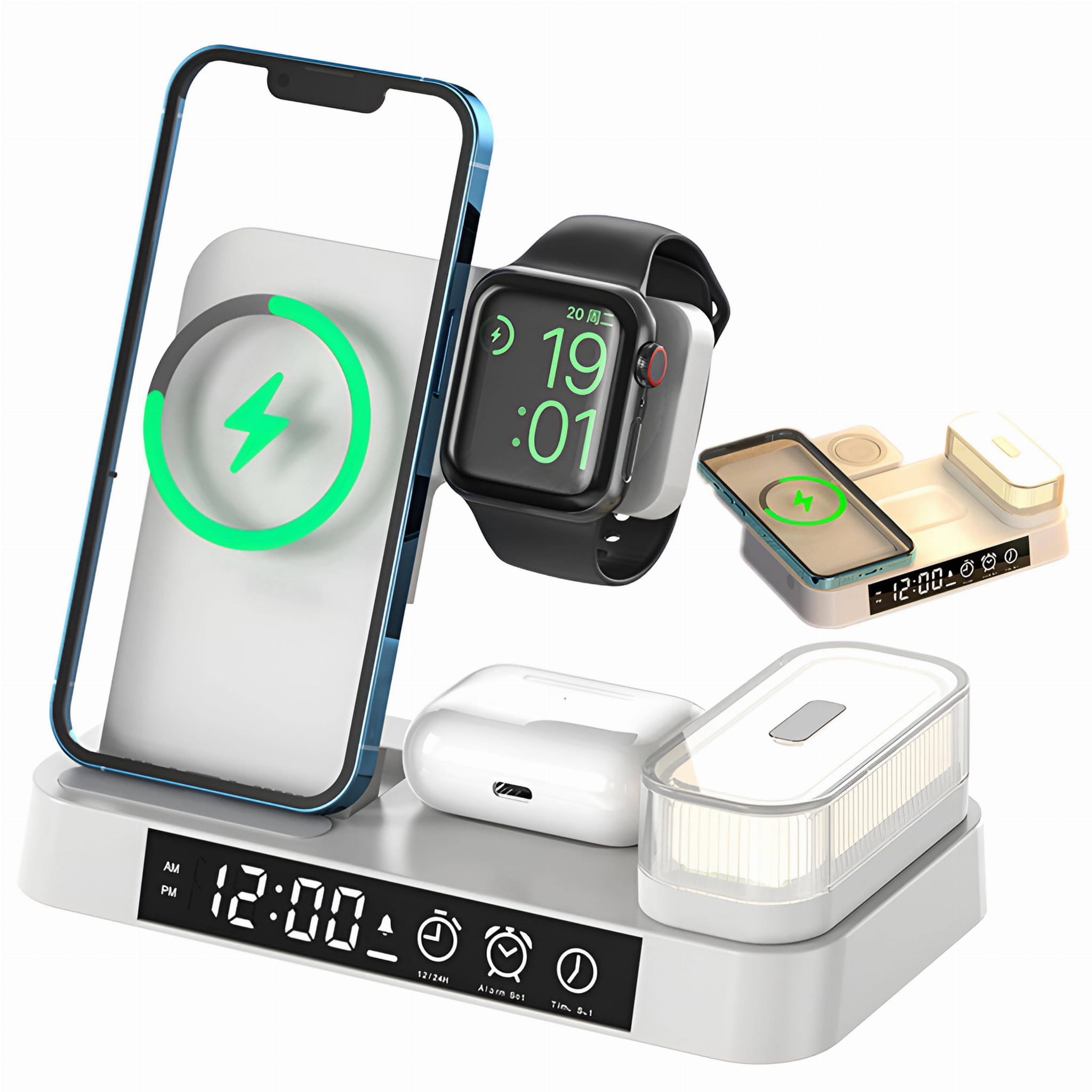 Stacja Ładująca Bezprzewodowa Biała LED do Apple iPhone (Apple Watch, AirPods) z zegarkiem