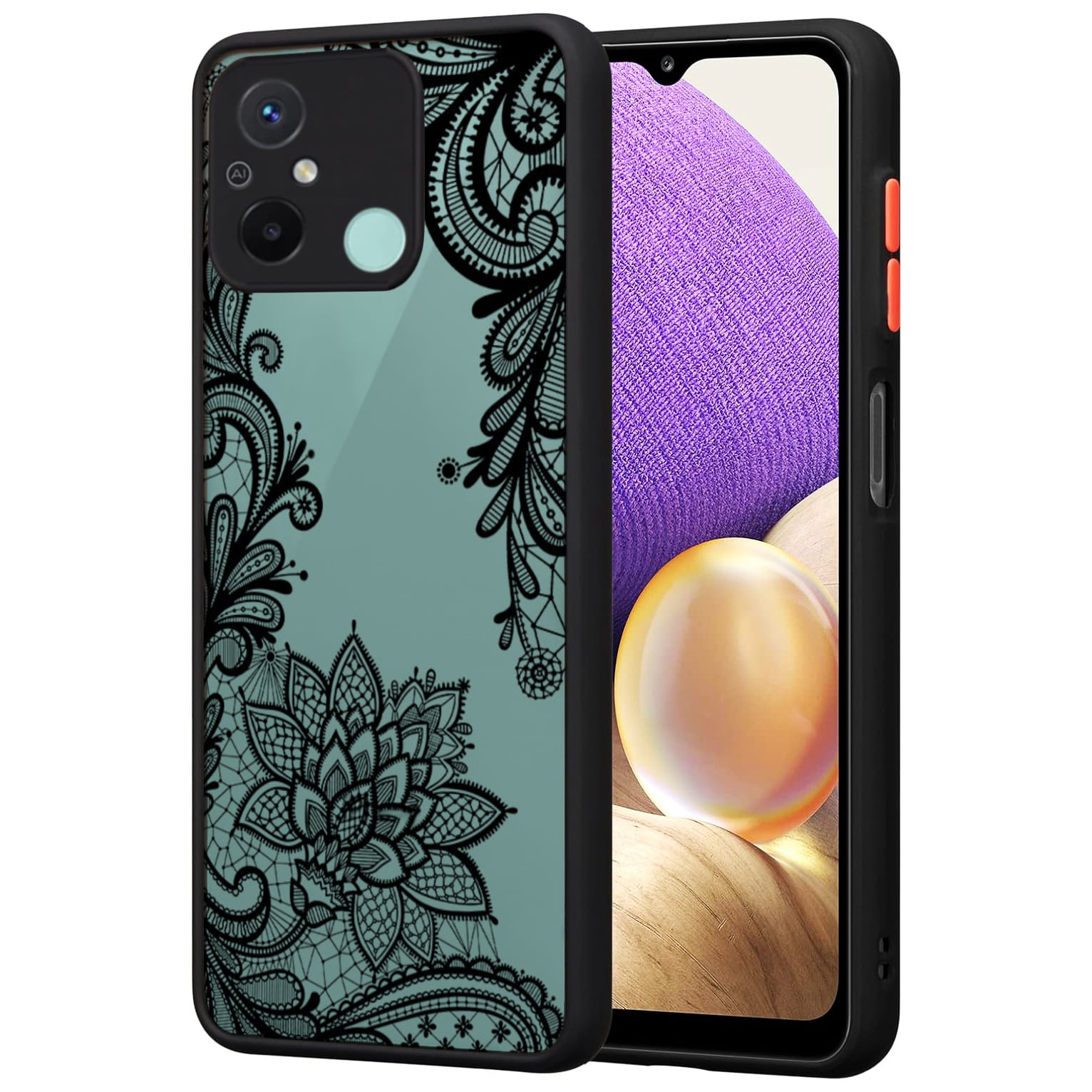 Etui w Kwiatowe, Koronkowe Ornamenty - Xiaomi Redmi 12C - Czarne