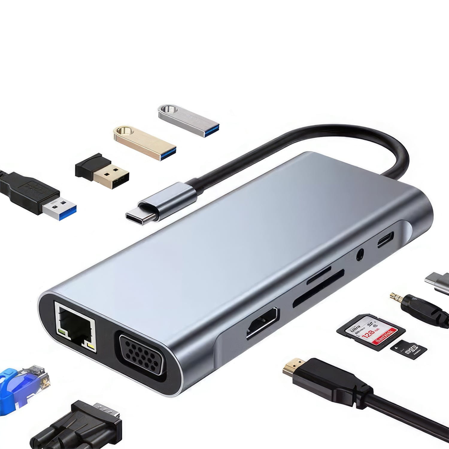 Adapter Hub Rozdzielacz 11w1 — USB-C LAN HDMI 4K D-SUB VGA AUX