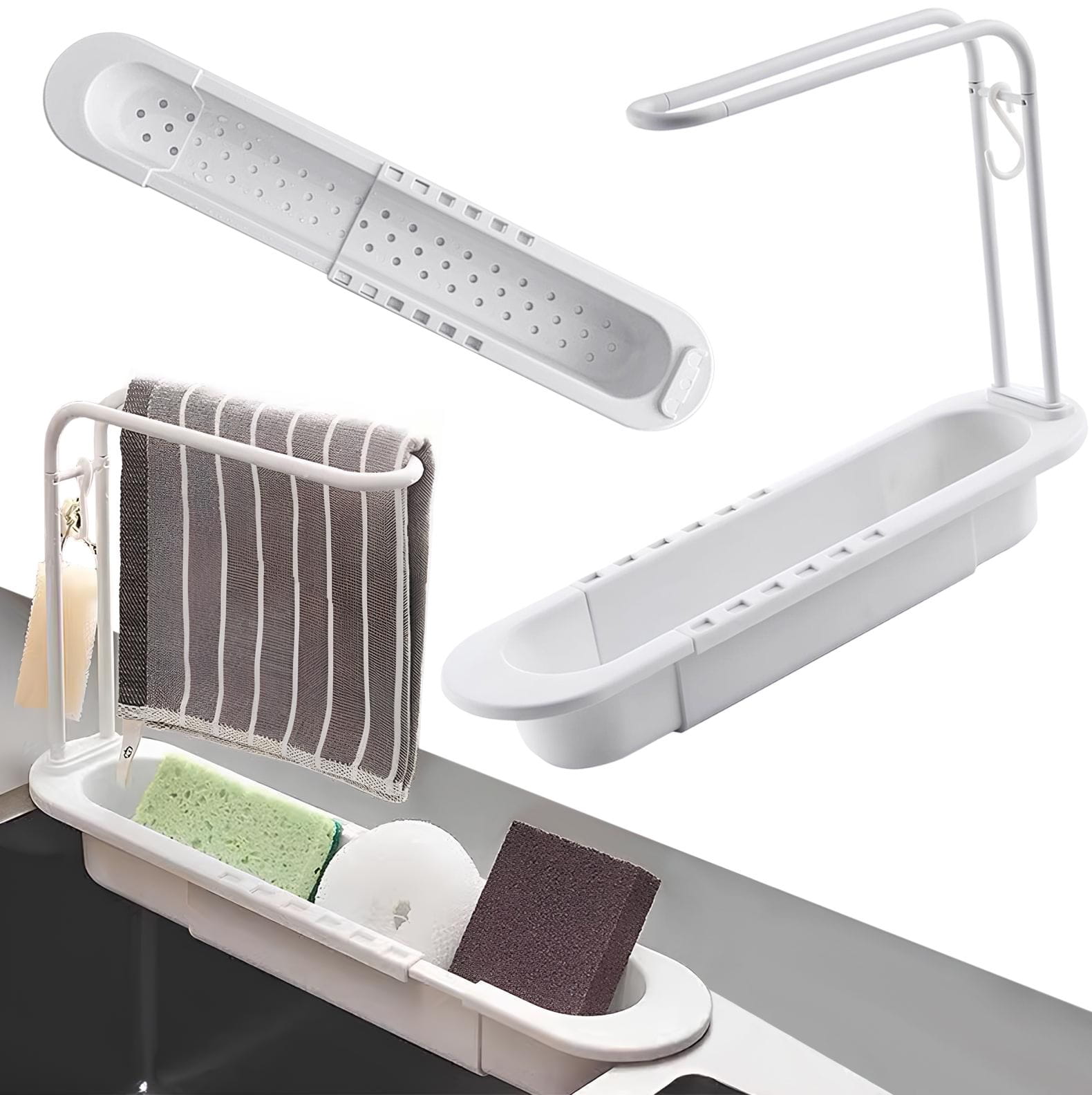 Plastikowy Rozsuwany Organizer na Zlew - Kolor Biały