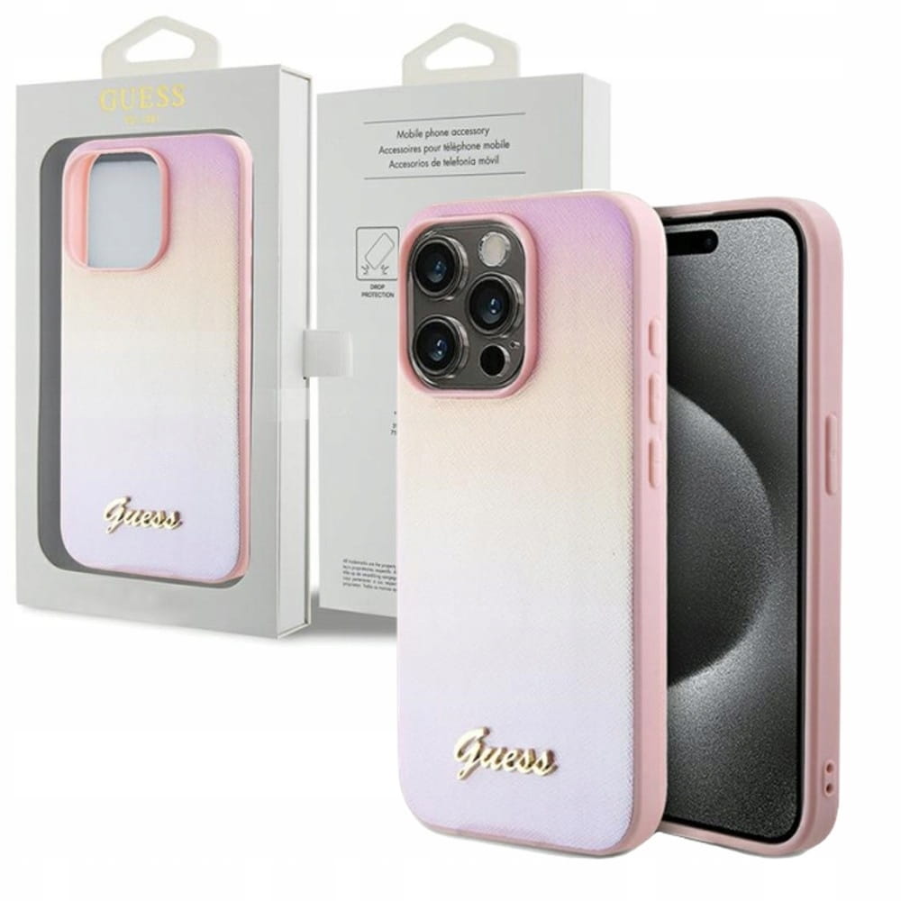 Etui Guess Do Apple iPhone 15 Pro Max Hardcase Saffiano Iridescent Script Różowe - ochrona i styl