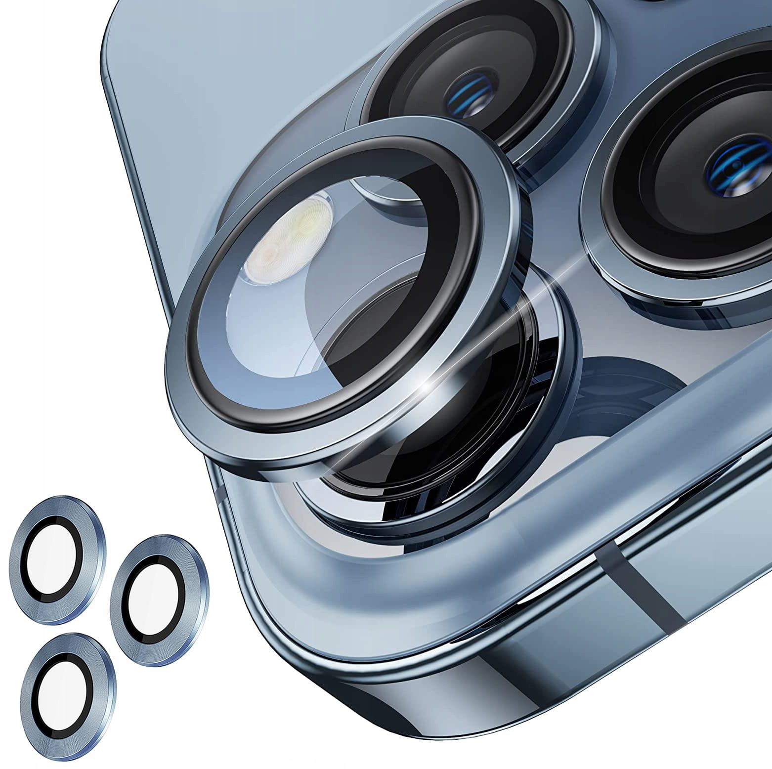 Ring ze Szkłem na Obiektyw Aparatu - iPhone 15 Pro — niebieska obwódka i ochrona