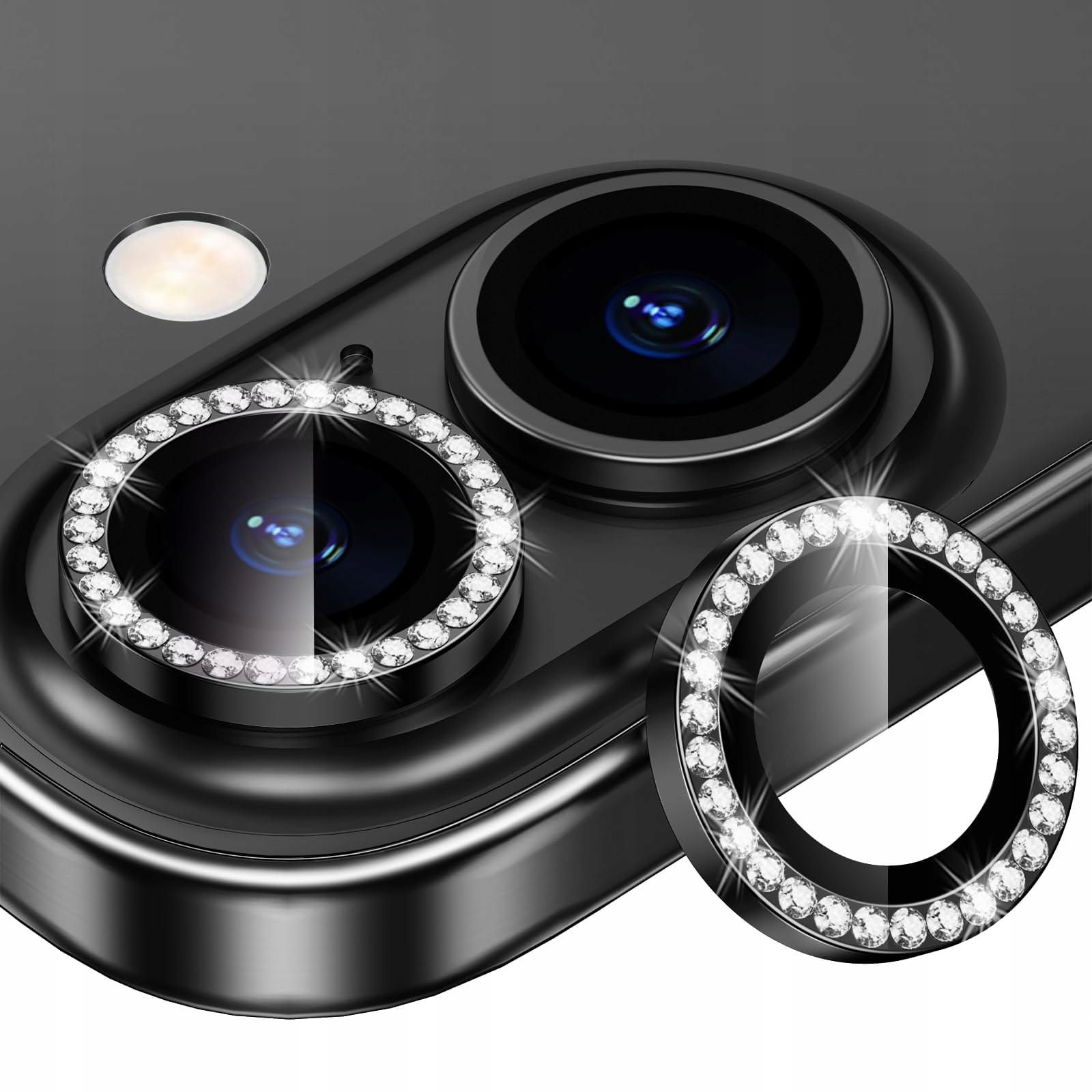 Ring z Cyrkoniami ze Szkłem Hartowanym na Obiektyw Aparatu - iPhone 16 - Czarny