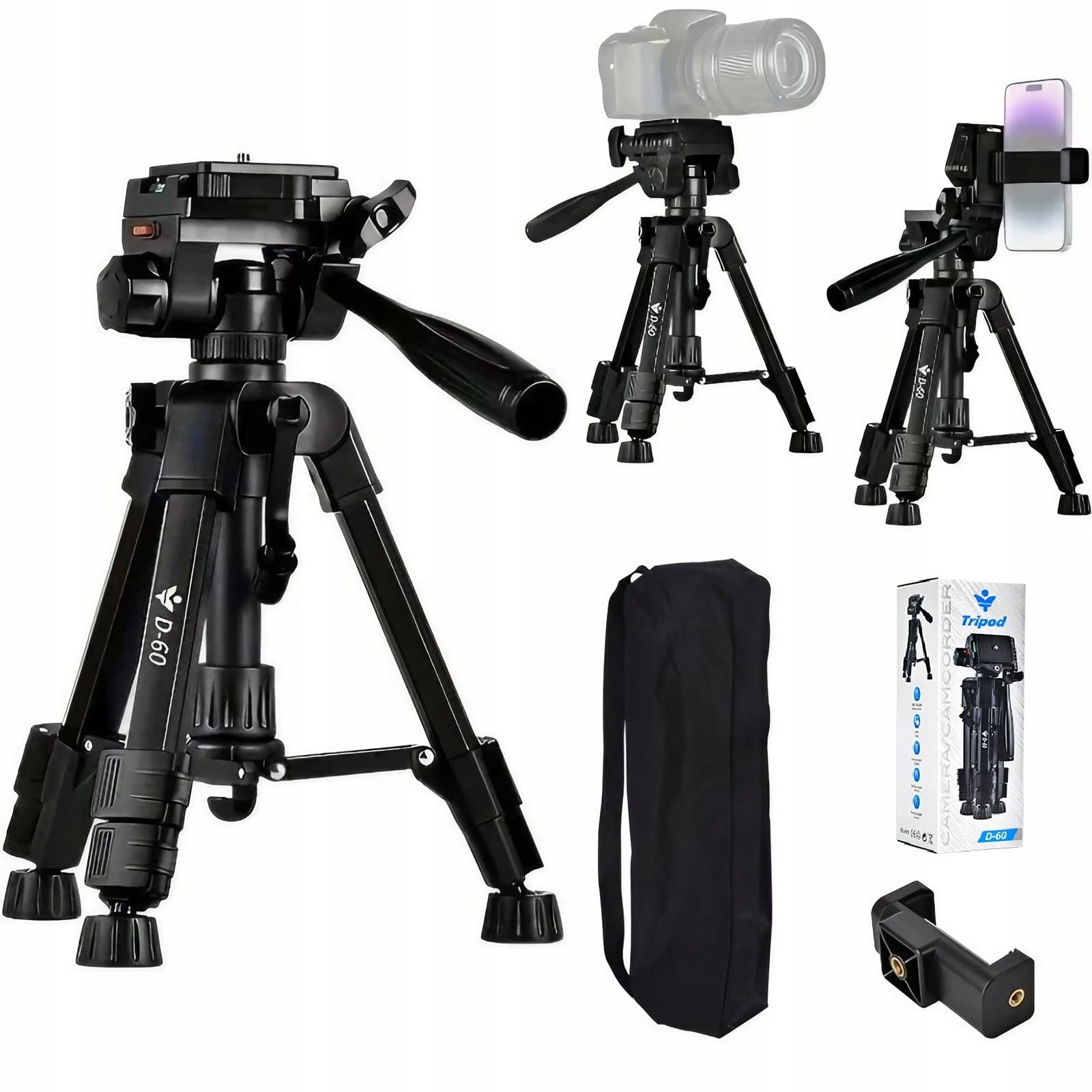 Smartfon zamocowany w uchwycie na gwint 1/4 cala na lekkim statywie tripod obok prostego adaptera statywowego i uchwytu obrotowego na drewnianym stole