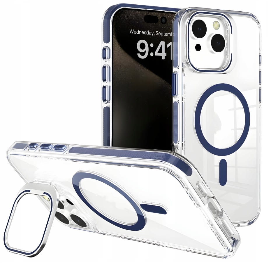 Etui Clear Extra do iPhone 14 - granatowe z podpórką