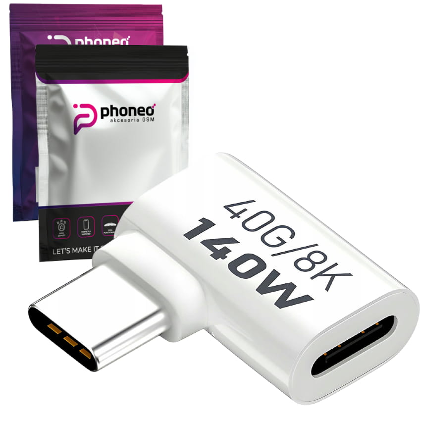 Adapter Kątowy Phoneo® - Żeńskie USB-C do Męskie USB-C - 40GBPS/8K 140W - Biały W1