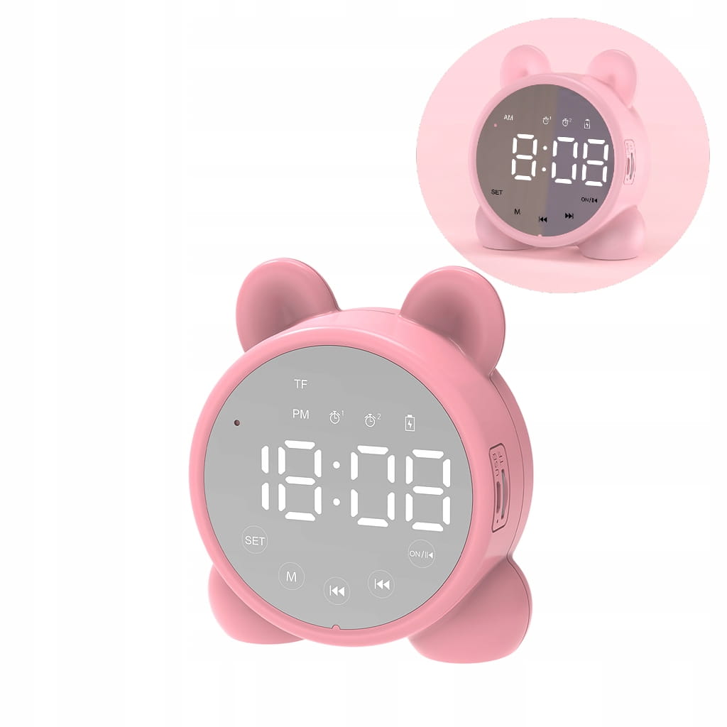 Zegar Budzik LED "Kotek" Multifunkcyjny - Radio FM, Głośnik Bluetooth, Lusterko - Różowy