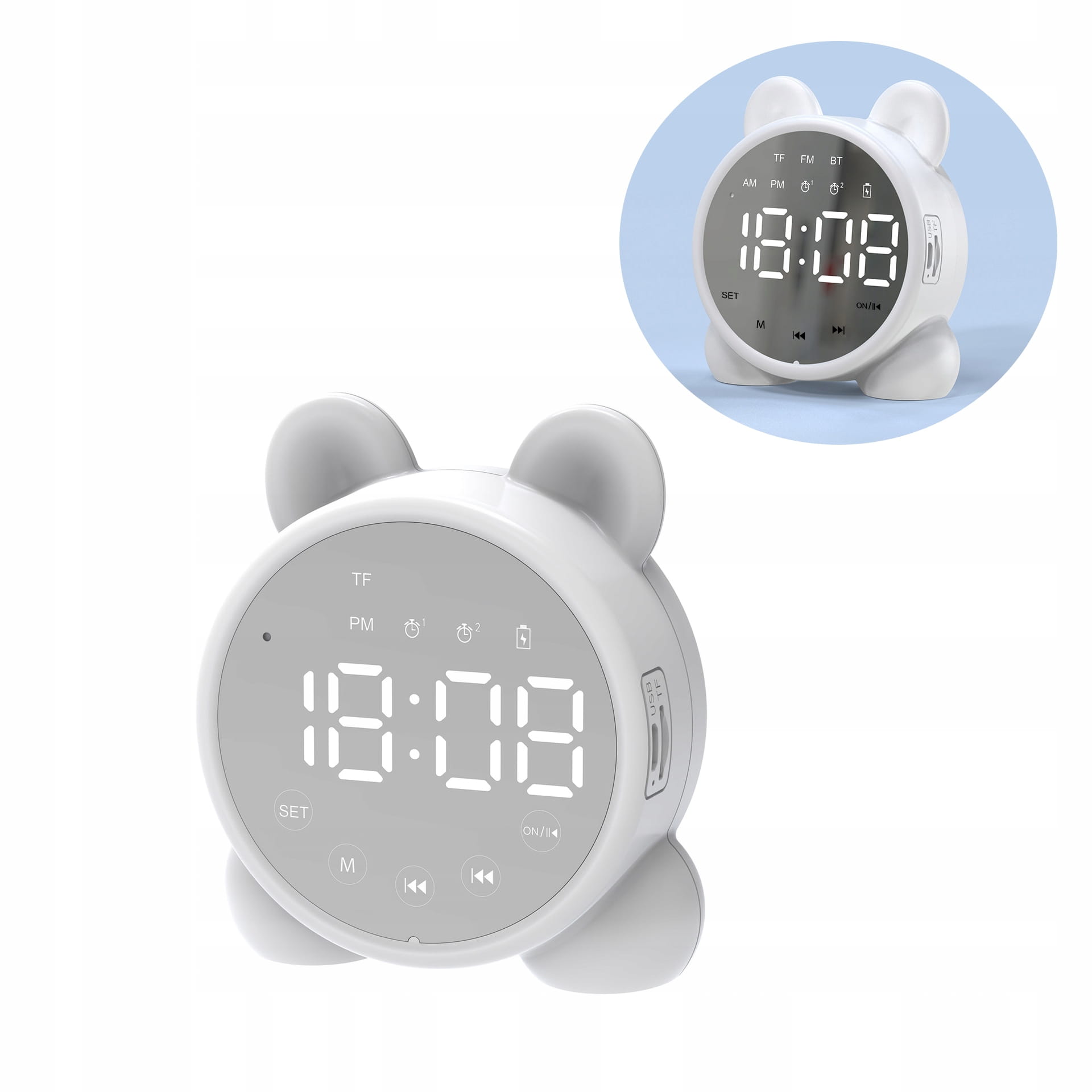 Zegar Budzik LED "Kotek" Multifunkcyjny - Radio FM, Głośnik Bluetooth, Lusterko - Biały