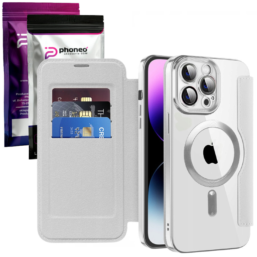 Etui Phoneo Flip z Klapką RFID do MagSafe do iPhone 15 Pro - Srebrne