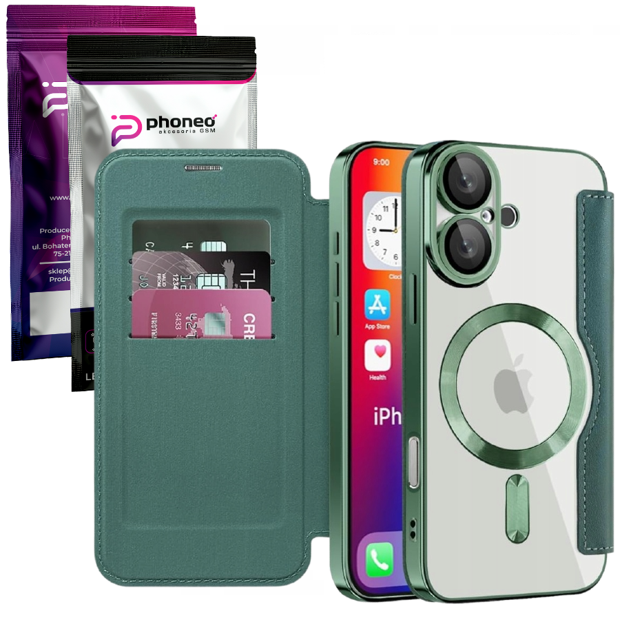 Etui Phoneo Flip z Klapką RFID do MagSafe do iPhone 16 - Zielone