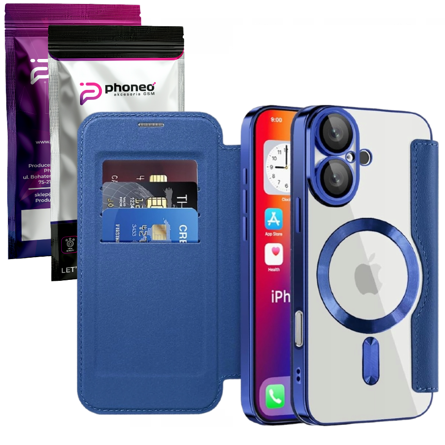 Etui Phoneo Flip z Klapką RFID do MagSafe do iPhone 16 Plus - Niebieskie