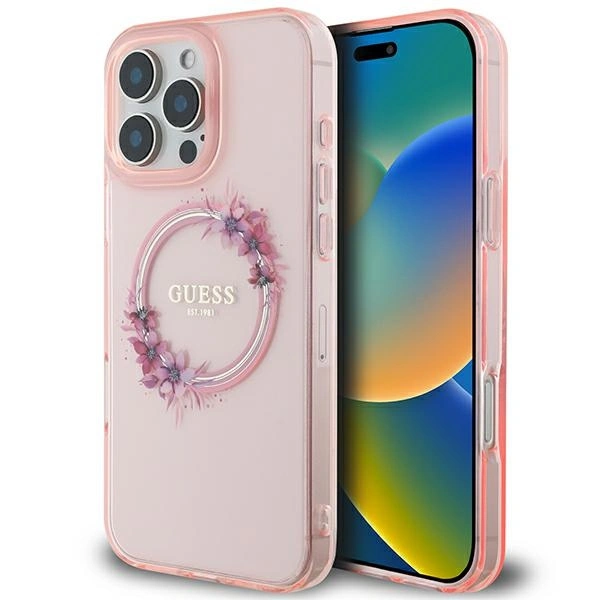 Etui Guess GUHMP16XHFWFCP Apple iPhone 16 Pro Max hardcase IML Flowers Wreath MagSafe różowy/pink