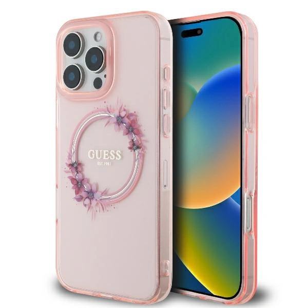 Etui Guess GUHMP16LHFWFCP Apple iPhone 16 Pro hardcase IML Flowers Wreath MagSafe różowy