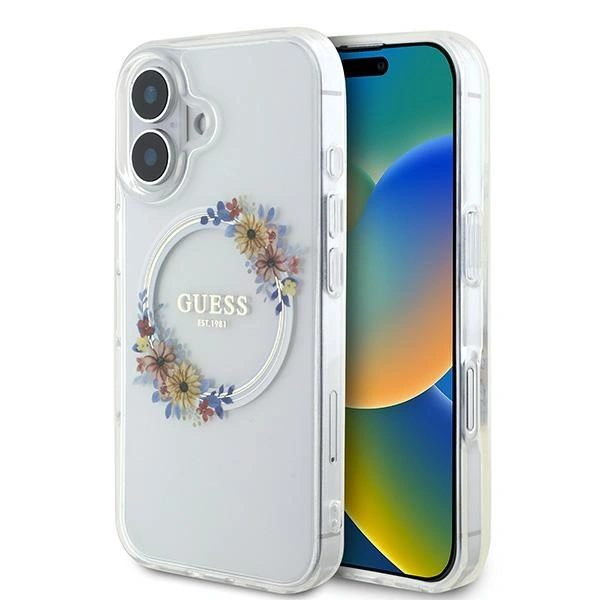 Etui Guess GUHMP16MHFWFCT Apple iPhone 16 Plus hardcase IML Flowers Wreath MagSafe przeźroczysty/transparent