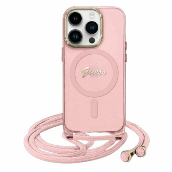 Etui Guess GUHMP16SHCTSGNSP Apple iPhone 16 hardcase Crossbody Cord Script MagSafe różowy/pink