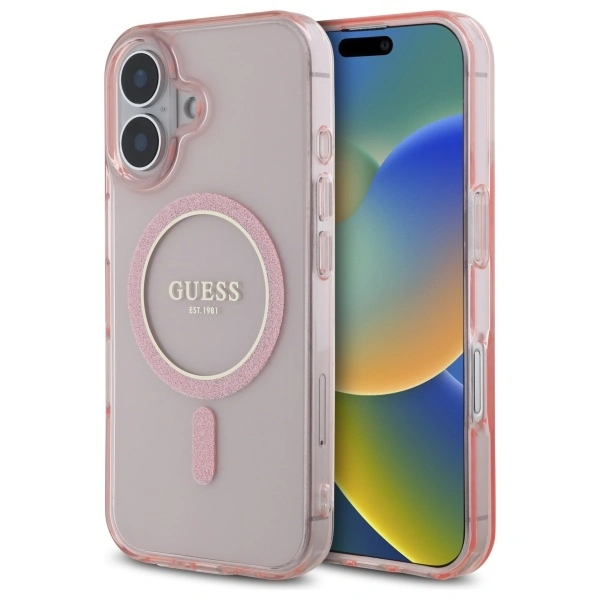 Etui Guess GUHMP16SHFGEREP Apple iPhone 16 hardcase IML Glitter Circle MagSafe różowy/pink