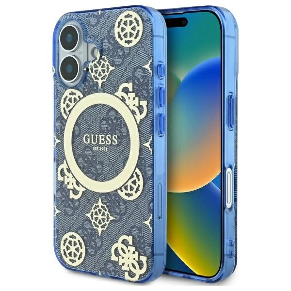 Etui Guess GUHMP16SH4PYEEB Apple iPhone 16 hardcase IML Peony On 4G Background MagSafe niebieski/blue