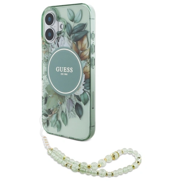 Etui Guess GUHMP16SHFWBRCESN Apple iPhone 16 hardcase IML Flowers With Pearl Strap MagSafe zielony/green