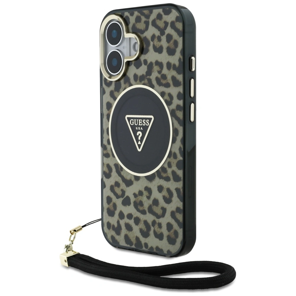 Etui Guess HC IML Leopard Triangle Cord Strap do Apple iPhone 16 MagSafe brązowy