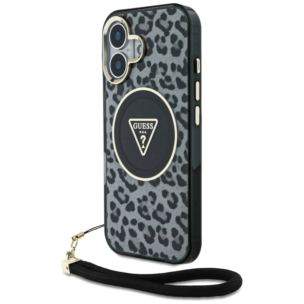 Etui Guess HC IML Leopard Triangle Cord Strap do Apple iPhone 16 MagSafe czarny