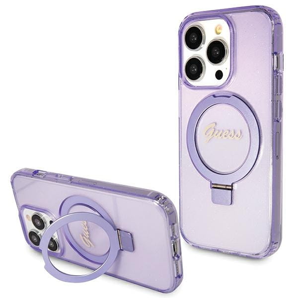 Etui Guess GUHMP15XHRSGSU Apple iPhone 15 Pro Max hardcase Ring Stand Script Glitter MagSafe fioletowy/purple
