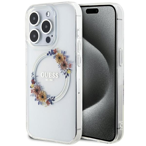 Etui Guess GUHMP15XHFWFCT Apple iPhone 15 Pro Max hardcase IML Flowers Wreatch MagSafe transparent