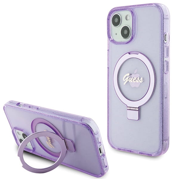 Etui Guess GUHMP15MHRSGSU Apple iPhone 15 Plus / 14 Plus hardcase Ring Stand Script Glitter MagSafe fioletowy/purple