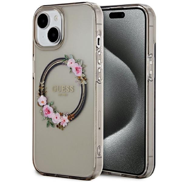 Etui Guess GUHMP15SHFWFCK Apple iPhone 15 / 14 / 13 hardcase IML Flowers Wreatch MagSafe czarny/black