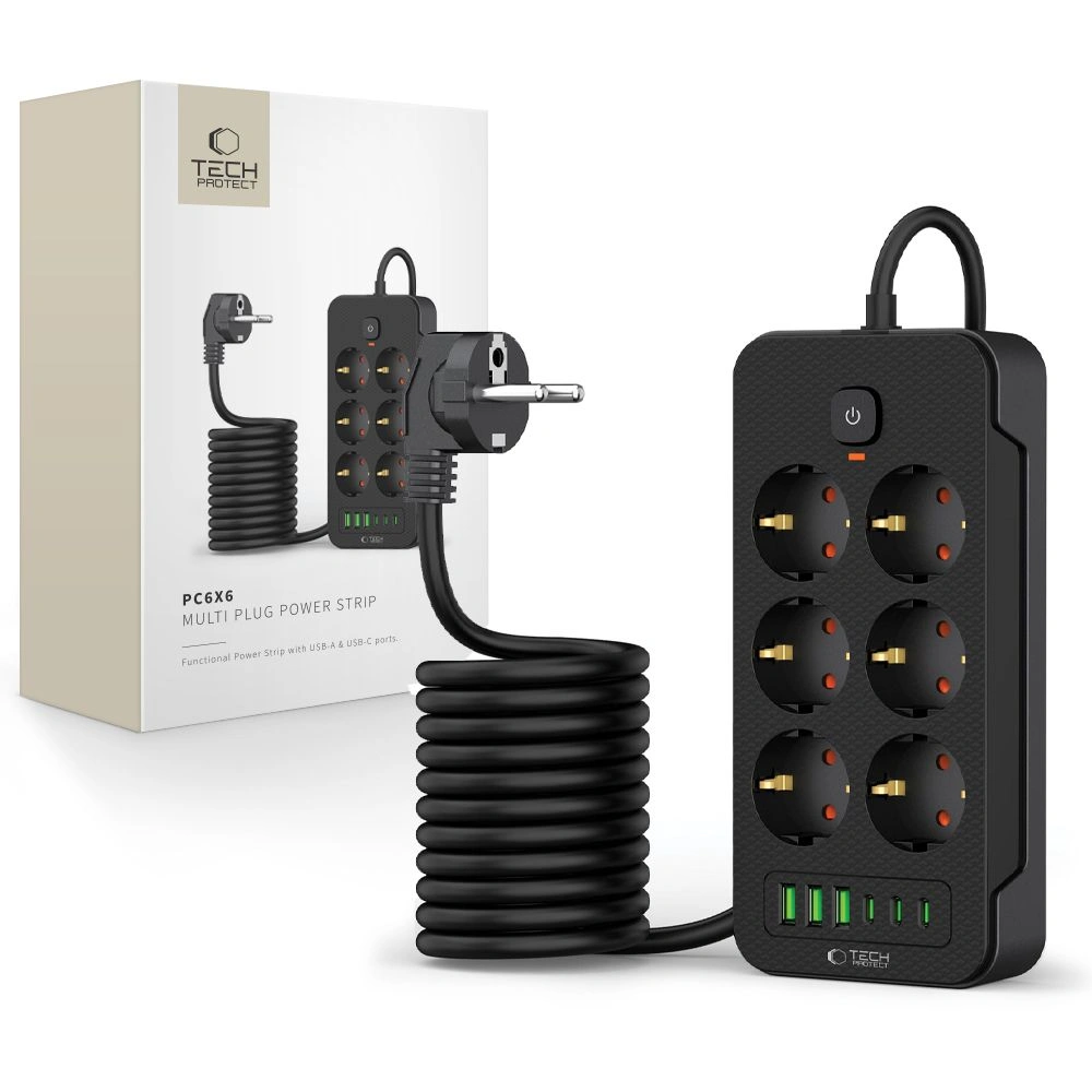 Listwa zasilająca Tech-Protect PC6X6 Power Strip 3xUSB-A, 3xUSB-C, 6xAC 200cm Black