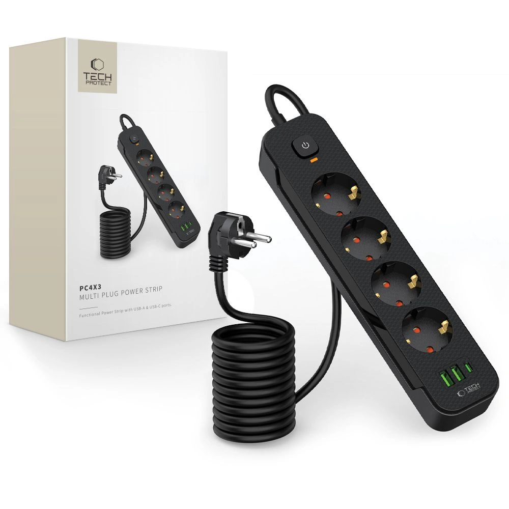 Listwa zasilająca Tech-Protect PCL4X3 Power Socket Long 2xUSB-A, USB-C, 4xAC 200cm Black