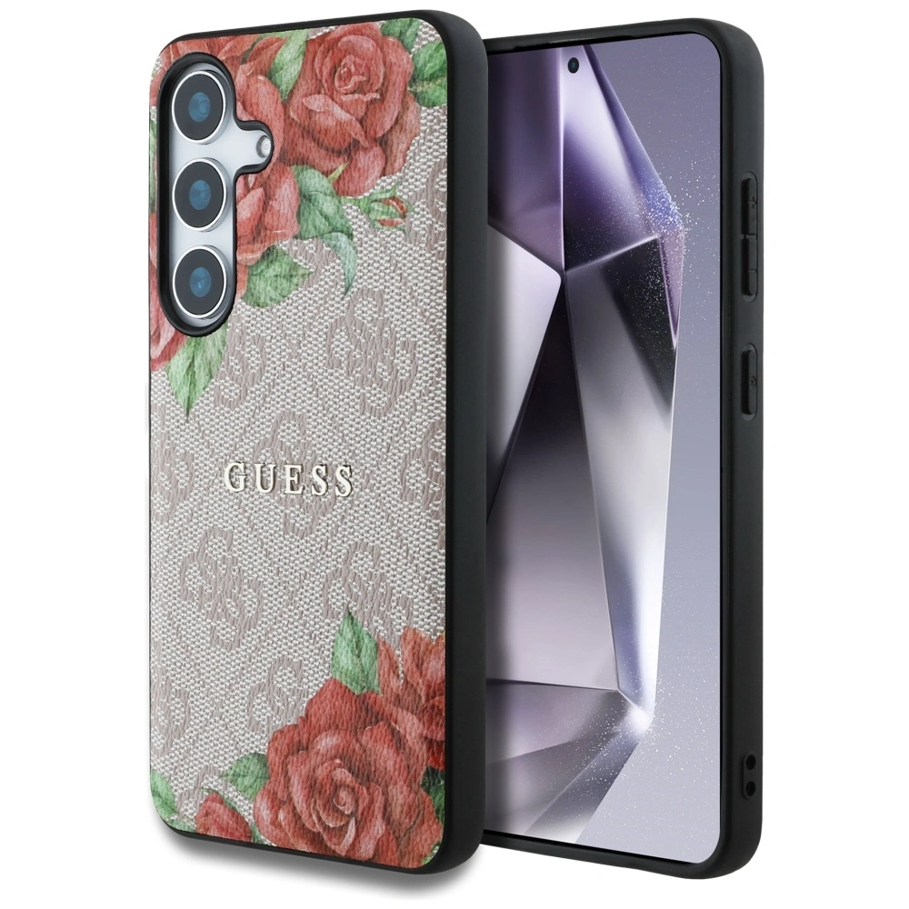 Etui Guess Leather 4G Flowers Print Metal Classic Logo MagSafe do Samsung Galaxy S25 różowy