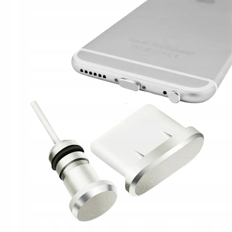 Zaślepki / Zatyczki Przeciw Kurzowi do Portu Ładowania USB-C + Jack - Srebrne