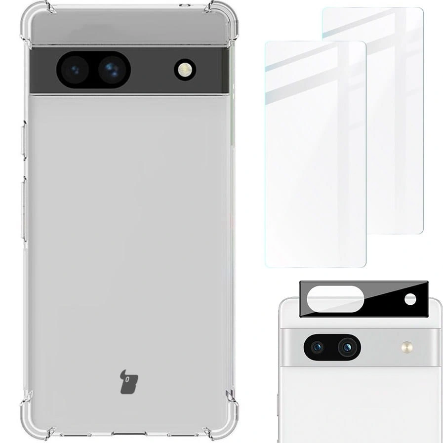 Bizon Case Clear Pack case + 2x screen glass + lens glass Google Pixel 7A clear