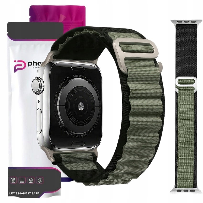 Pasek / Opaska Phoneo® z Metalową Zapinką do Apple Watch 42/44/45 mm - Khaki-Czarny