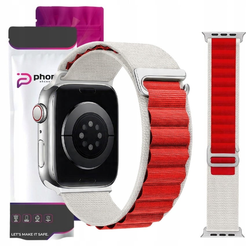 Pasek / Opaska Phoneo® z Metalową Zapinką do Apple Watch 49 mm - Biało-Czerwony