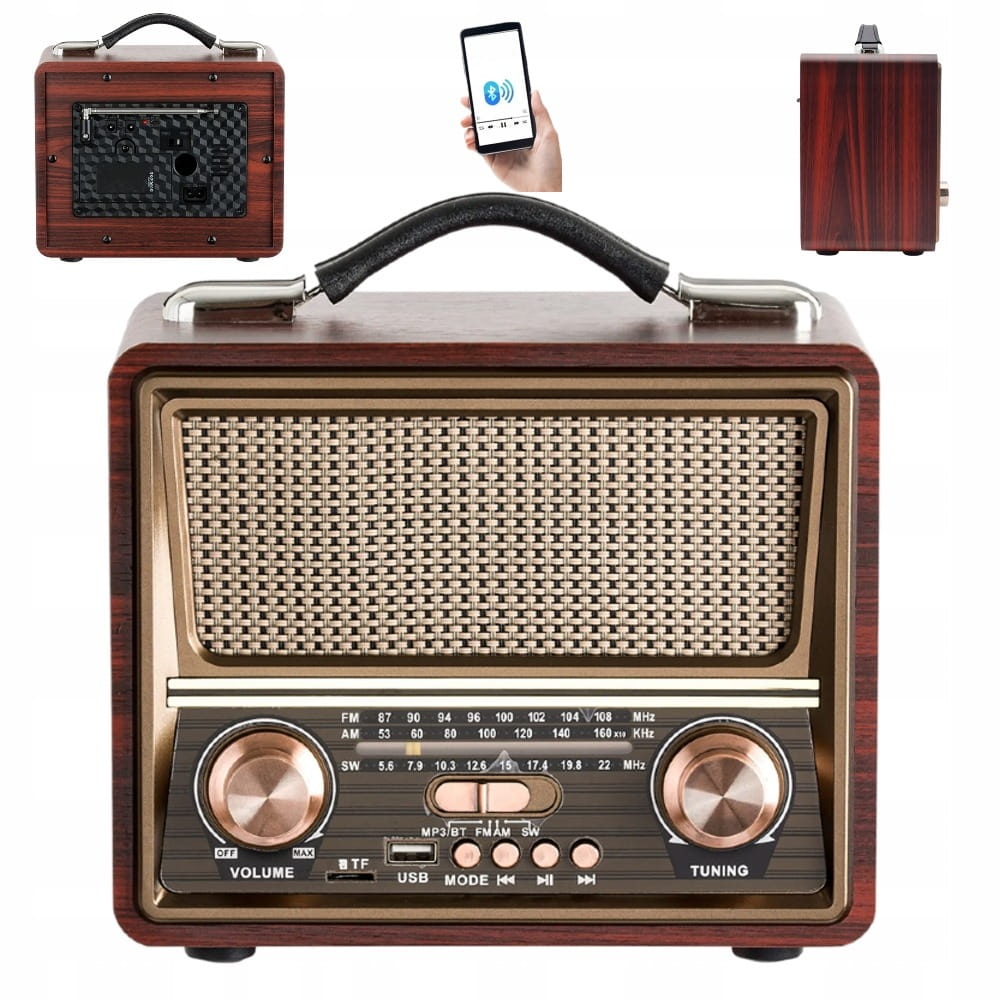 Radio Retro FM z Anteną, Głośnik BT, Powerbank 3w1 (v2)