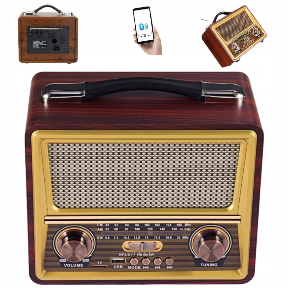 Radio Retro FM z Anteną, Głośnik BT, Powerbank 3w1 (v1)
