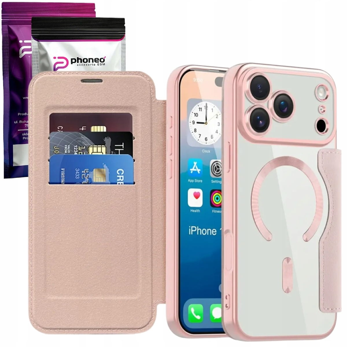 Etui Phoneo Flip z klapką RFID do iPhone 17 Pro — różowe