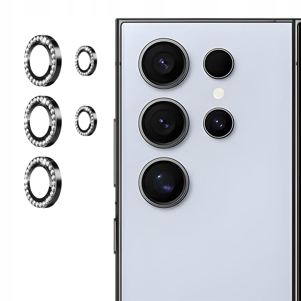 Ring z Cyrkoniami ze Szkłem Hartowanym na Obiektyw Aparatu - Samsung Galaxy S25 Ultra - Czarny