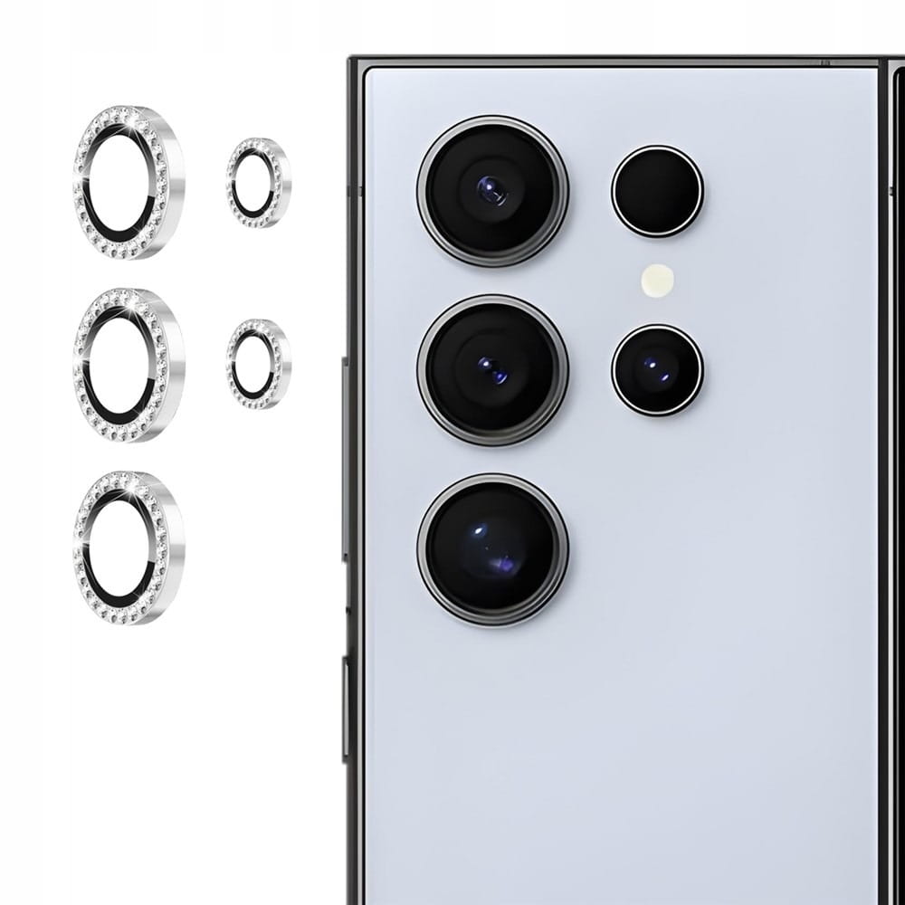 Ring z Cyrkoniami ze Szkłem Hartowanym na Obiektyw Aparatu - Samsung Galaxy S25 Ultra - Srebrny