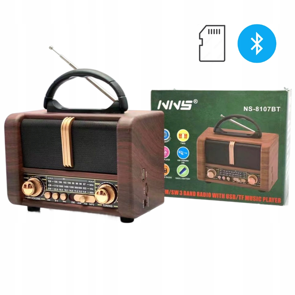 Radio Retro AM FM SW z Anteną, Głośnik BT (v1) 