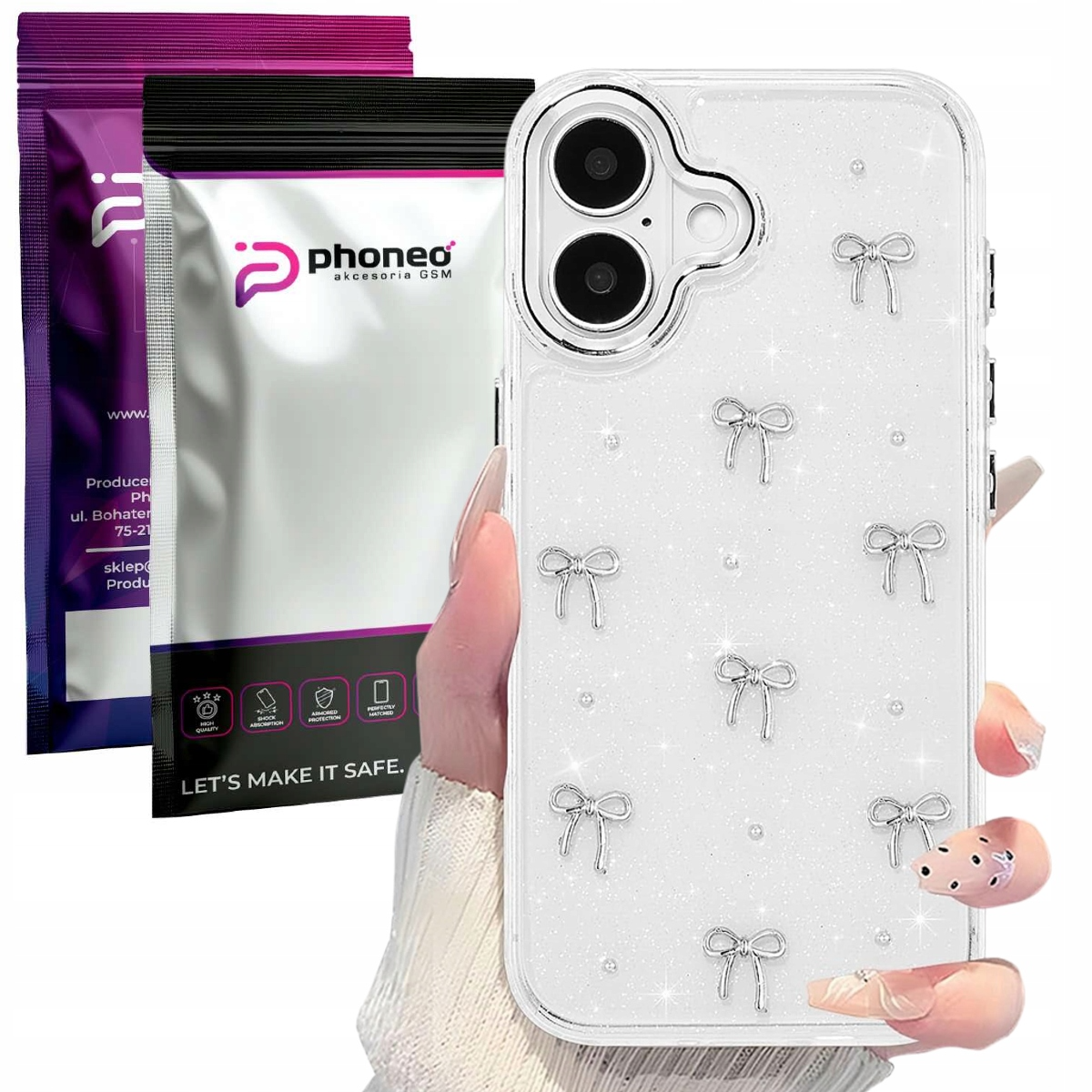 Etui Phoneo Glitter Bow — ochrona i ozdobna muszka dla iPhone 17